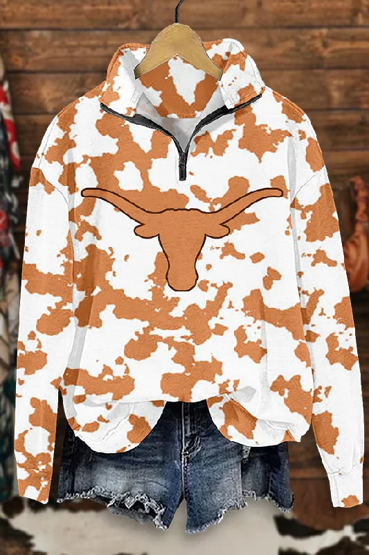 Texas Longhorns Print Zipper Sweatshirt Hoodie with Hem Raw Edge Edgy Unfinished