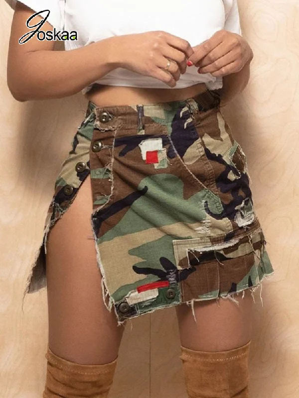 Joskaa Patchwork Camouflage Mini Skirts for Women Clothing Summer 2023 Sexy Single Breasted Slit Hip Skirt High Street Bottoms linen skirt relaxed