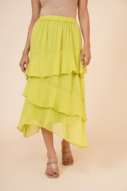 Women's Chiffon Ruffle Skirt with elastic in Lime Green a-line skirt cut