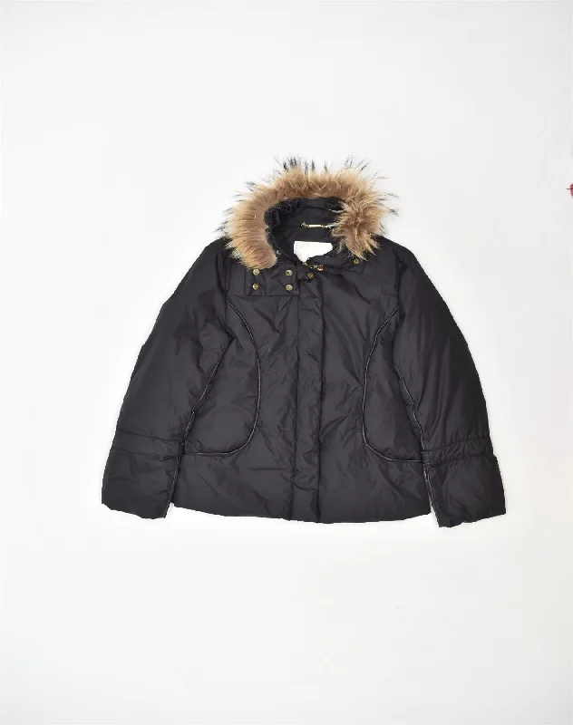 BYBLOS Womens Padded Windbreaker Jacket IT 42 Medium Black Nylon Zip Front Button Front Snap Front