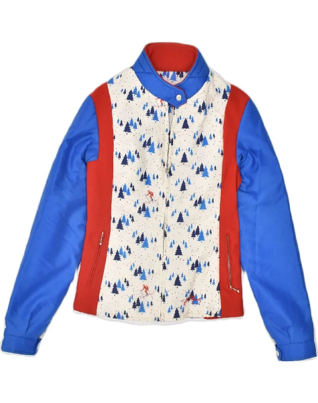 VINTAGE Womens Windbreaker Jacket IT 44 Medium Blue Colourblock Denim Fabric Leather Fabric Suede Fabric