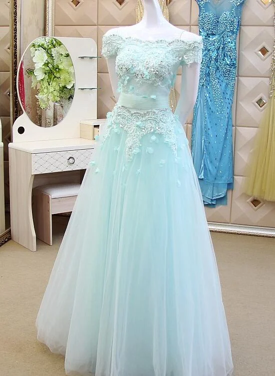 Ice Blue Off Shoulder Tulle Applique Elegant Evening Dresses, Long Formal Gowns, Blue Party Dresses Crew Neckline Sporty
