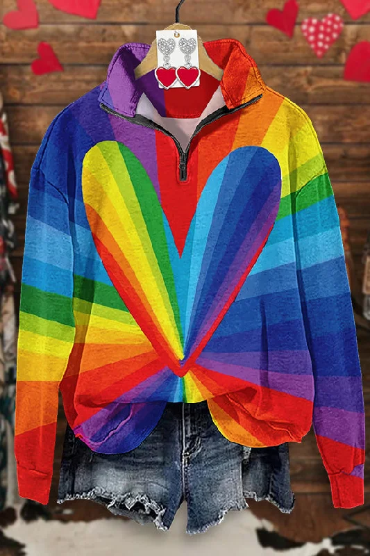 Unique Valentine's Day Love Rainbow Print Zipper Sweatshirt Hoodie Jacket Zipper Layering