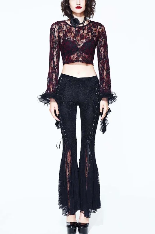 Black Palace Pattern Lace-Up Velveteen Lace Flared Women's Gothic Pants Cozy Fitted Pants