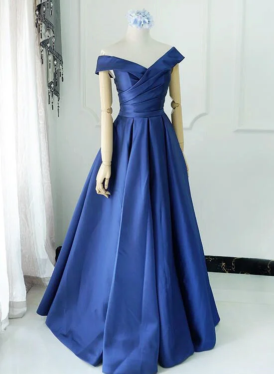 Off Shoulder Blue Satin Floor Length Party Dress, A-line Junior Prom Dress Tunics Designer luxury