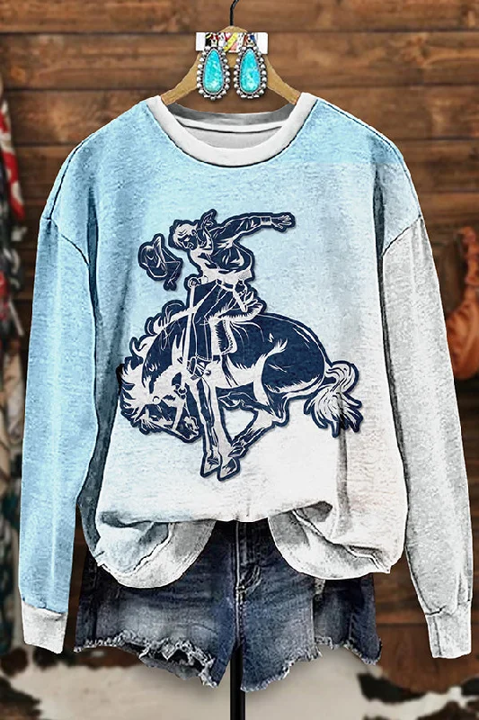 Vintage Rodeo Print Sweatshirt Hoodie with Exposed Zipper Edgy Industrial