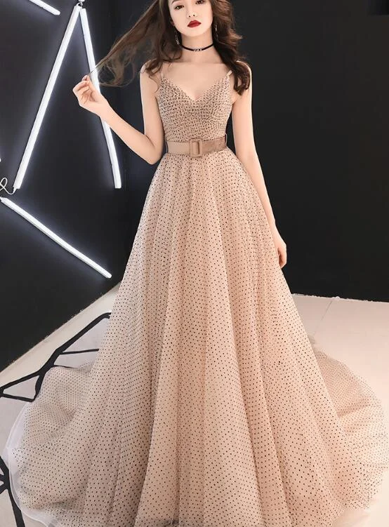 Champagne Tulle Straps Long Prom Gown, Beautiful Lace-up Party Dress Tunics Recommended stylist