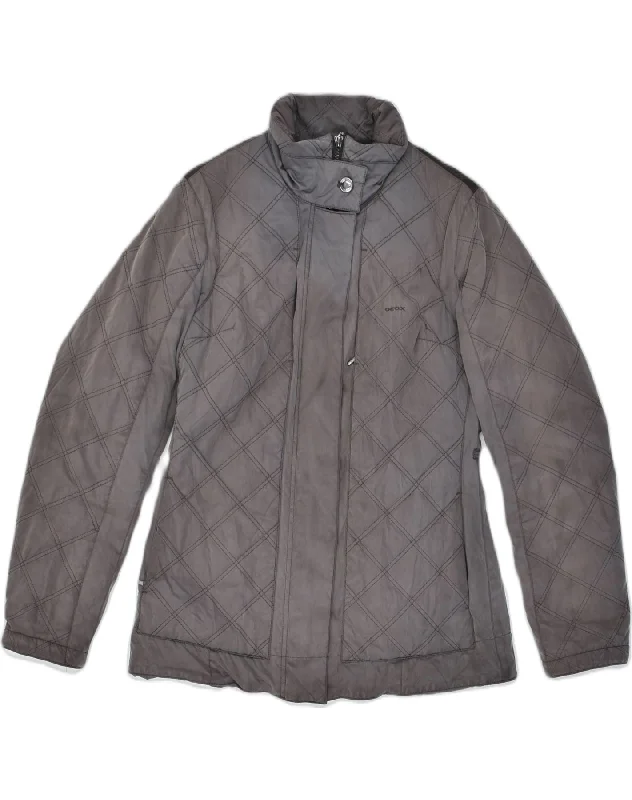GEOX Womens Loose Fit Quilted Jacket UK 6 XS Grey Polyester Zip Front Button Front Snap Front
