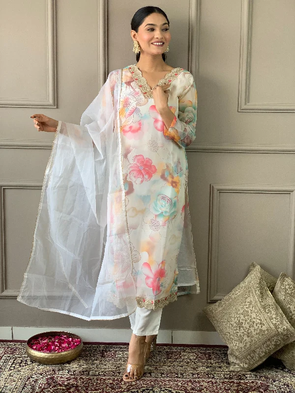 Women V Neck Embroidered Work Organza Fabric Kurta & Pant With Dupatta Set - Taantav Stylish Harem Pants