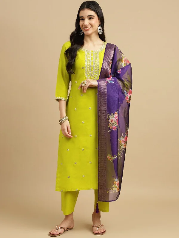 Women Round Neck Embroidered Work Chinon Fabric Kurta & Pant With Dupatta Set - Taantav Elegant High-Waist Pants