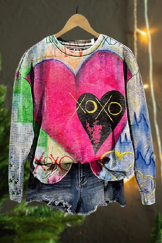 Valentines Heart Print Sweatshirt Hoodie with Rolled Sleeves Casual Relaxed