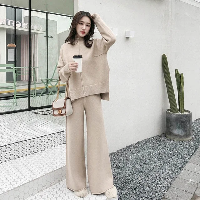 Winter Tracksuit 2 Piece Pant Suits For Women Knitted Long Sleeve Two Piece Set Top And Pants Women Suit Outwear Korean Soft Stretch Leggings