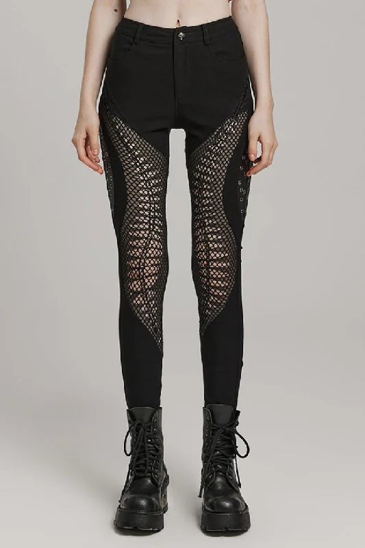 Black Hollow Stitching Irregular Mesh Women's Steampunk Pants Trendy Wide-Legged Trousers