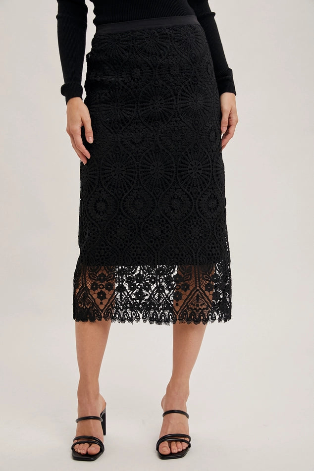 Edgewood Lace Midi Skirt [Black] chiffon skirt lightweight