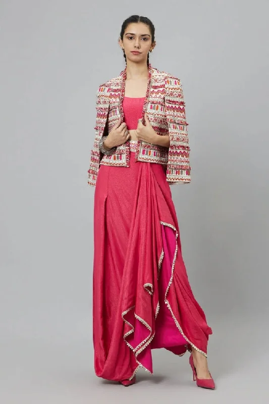 PINK NUSHRAT DRAPED SKIRT AND BUSTIER TEAMED WITH A SIGNATURE STRUCTURED JACKET Cardigan Sweater Pullover