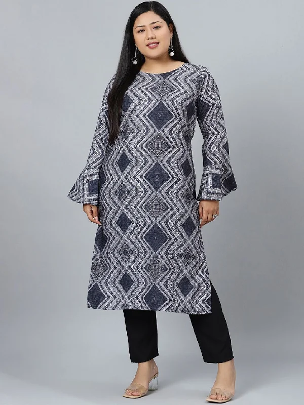Sztori Geometric Printed Round Neck Straight Kurta with Pant Comfortable Denim Pants