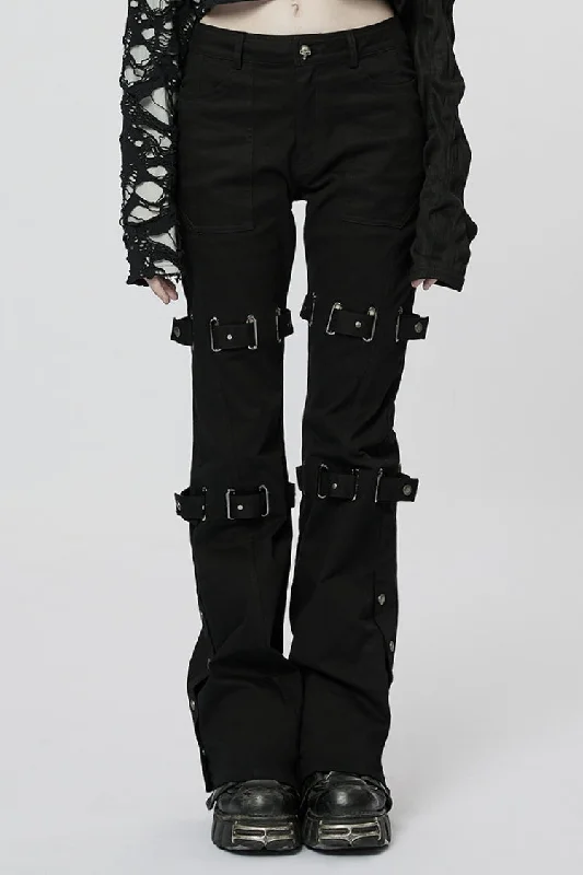 Black Metal Buckles Straps Women's Steampunk Flared Pants Casual Skinny Fit Pants