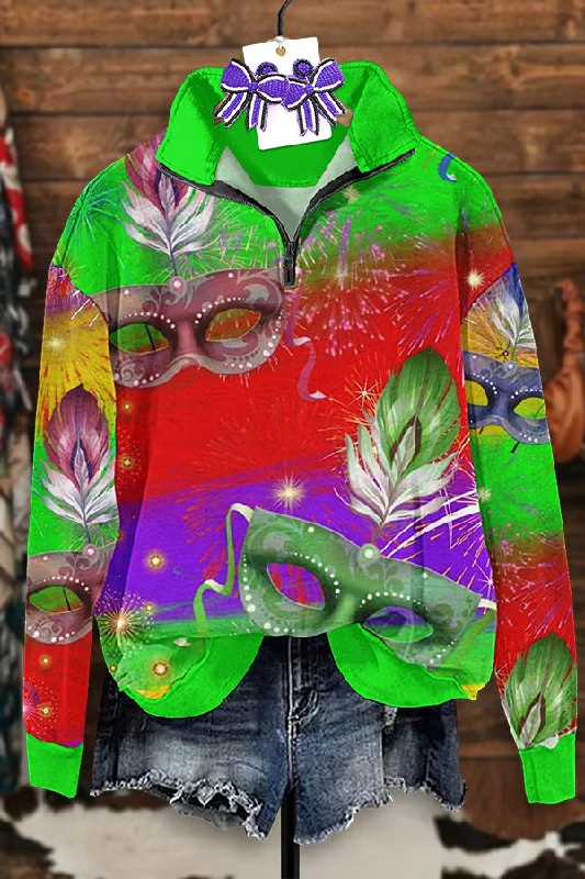 Vintage Mardi Gras Print Zip-Up Sweatshirt Hoodie with Batwing Sleeves Loose Dramatic