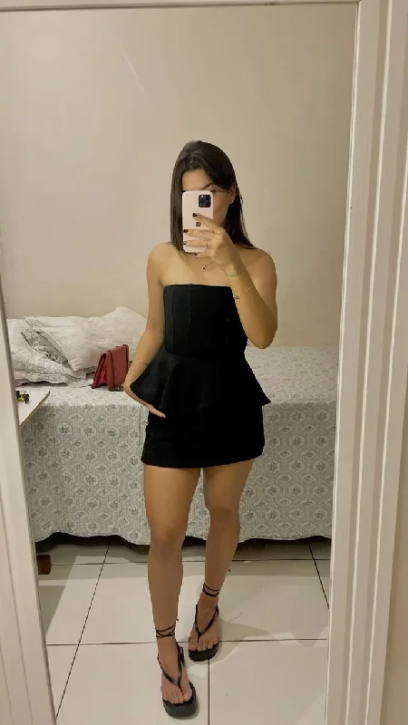 Black Strapless Sheath Ruffles Mini Party Dress Homecoming Dress, DP3412 Tunics Corduroy durable