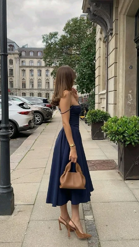 Navy Blue Strappy A-Line Midi Length Formal Party Dress Cocktail Dress, DP3205 Tunics Chic elegant