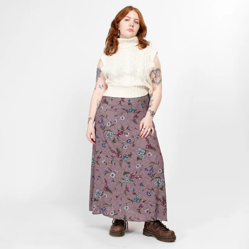 Large 90s Purple Painted Floral Maxi Skirt 33" high waist skirt