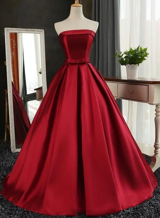 Burgundy Long Junior Party Dress, Satin Prom Dress, Formal Gowns A-Line Day Work