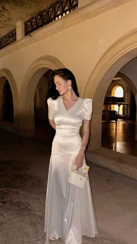 White V Neck Sheath Satin Long Party Dress with Short Sleeves, DP4078 Tunics Stylish modern