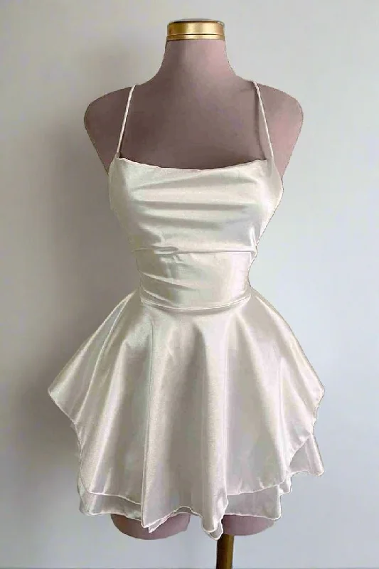 White A-Line Satin Short Party Dress Simple Homecoming Dress, DP2968 Tunics Wedding white