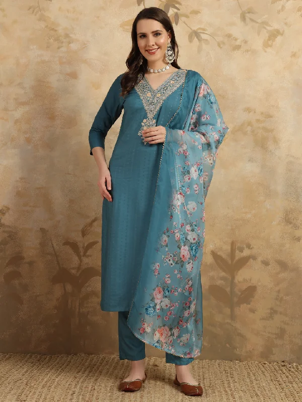 Women V Neck Embroidered Work Viscose Rayon Fabric Kurta & Pant With Dupatta Set - Taantav Elegant Wool Trousers