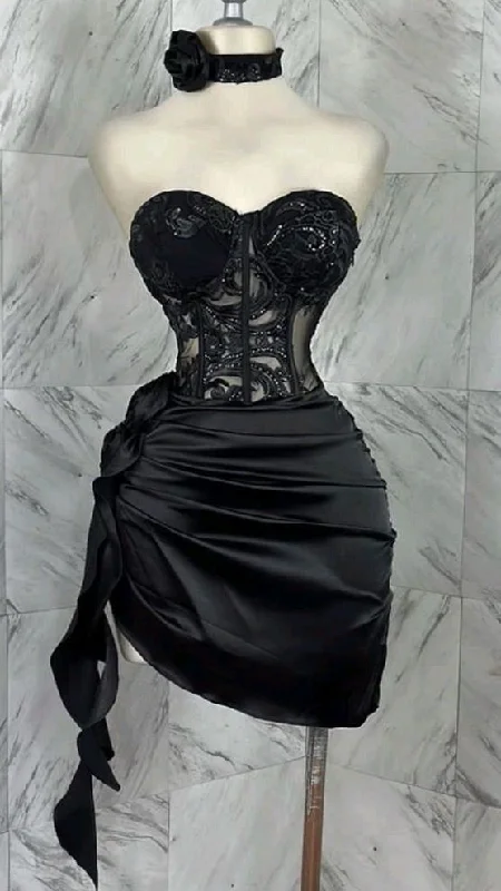 Black Sweetheart Lace Satin Short Party Dress Mini Birthday Outfits, DP4019 Lace Sexy Club