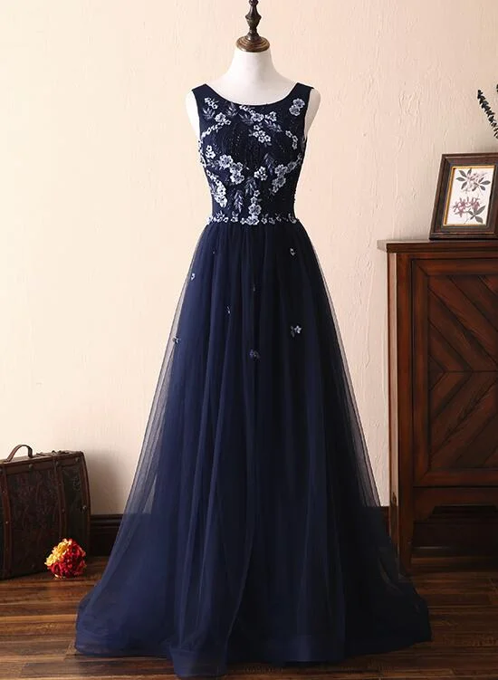 Navy Blue Round Neckline Tulle Formal Dress, Navy Blue Party Dress , Evening Dresses Peplum Ruffle Cocktail