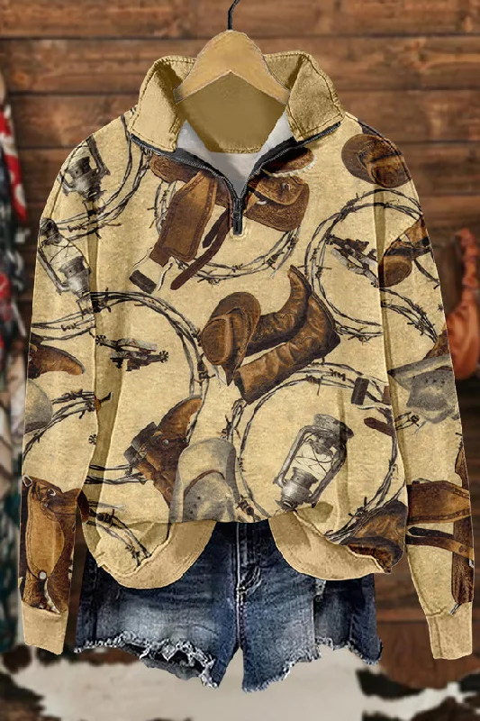Cozy Western Cowboy Print Sweatshirt Hoodie with Mesh Breathable Sporty
