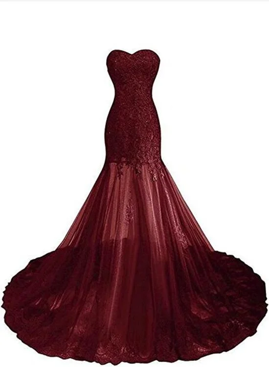Burgundy Tulle with Beautiful Lace Applique Sweetheart Prom Gown, Chic Prom Dresses 2018, Party Dresses Tunics Hiking breathable