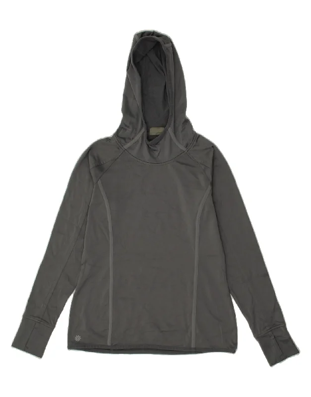 ATHLETA Womens Hoodie Jumper UK 10 Small Grey Polyester Hoodie with Logo Branding Identity