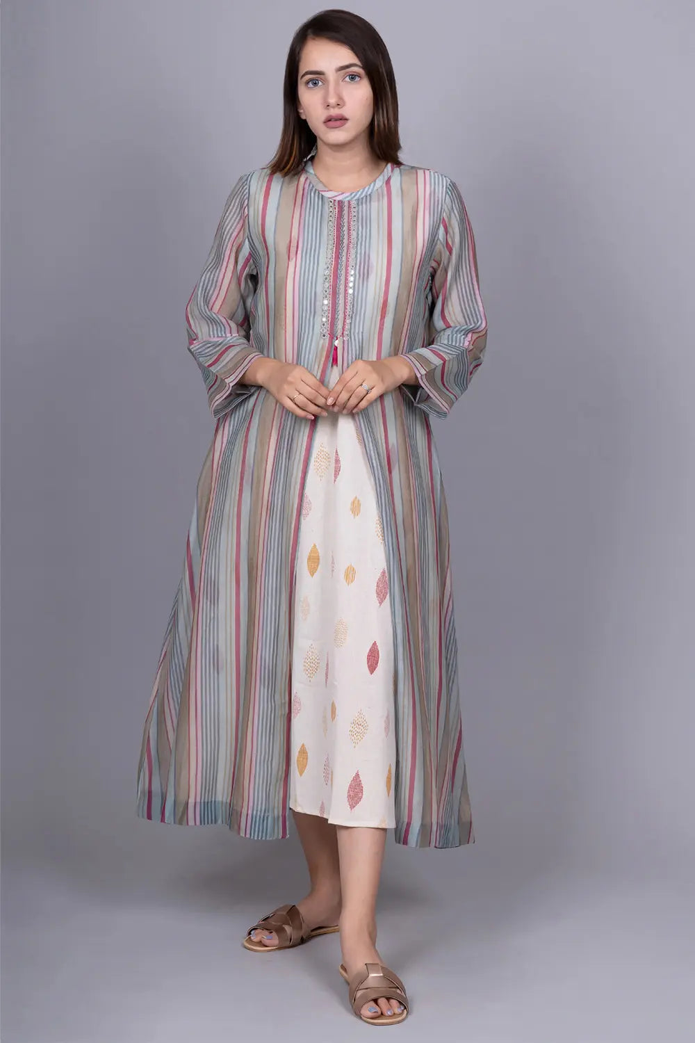 Chanderi silk mirror work Dress with block printed inner dress Tunics Winter warm