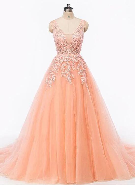 Pearl Pink Tulle V-neckline Formal Gowns, Elegant Party Dress , Lace-up Formal Dresses Turtleneck Warm Winter