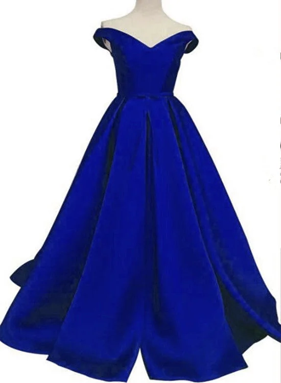 Royal Blue Off Shoulder Satin Party Dress, Blue Formal Dress, Blue Evening Gowns Tunics stripes playful