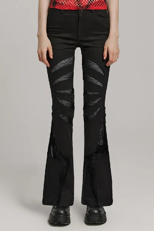 Spiderweb Claw Print Mesh Women's Gothic Flared Pants 2 Colors Casual Wide Pants