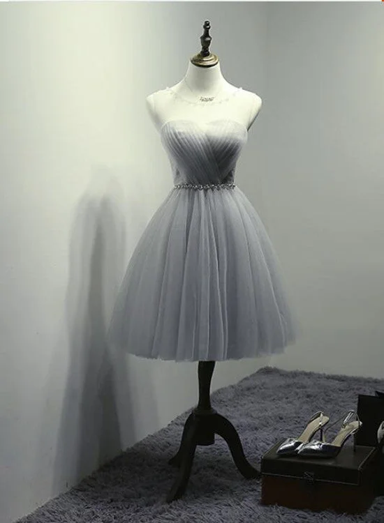 Grey Tulle Short Round Neckline Beaded Homecoming Dresses, Stylish Short Prom Dress, Party Dresses Satin Halter Glamorous