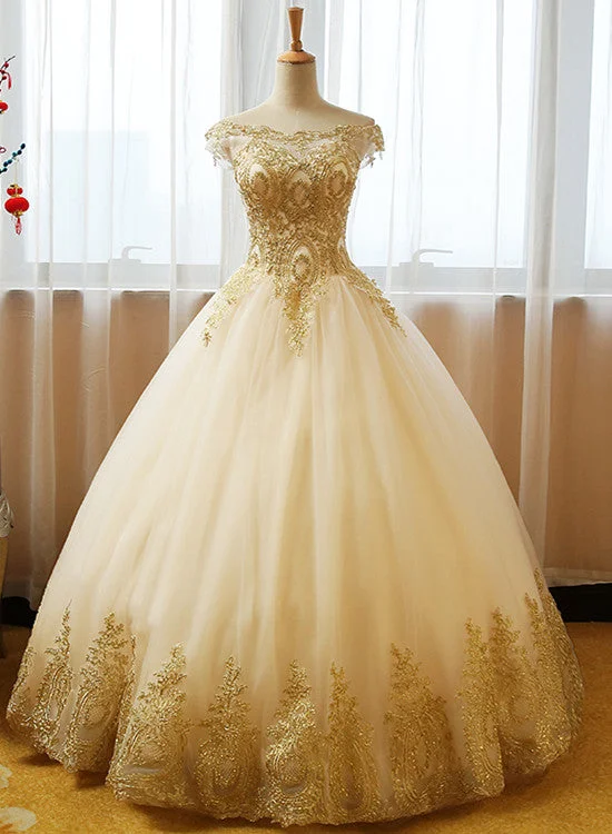 Beautiful Champagne with Gold Applique Long Party Dress, Sweet 16 Dresses Tunics Bestseller popular