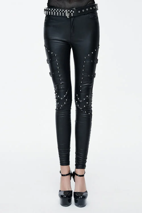 Black Sexy rivets coarse grain leather adjusted loops skinny Womens Pants Relaxed Fit Trousers