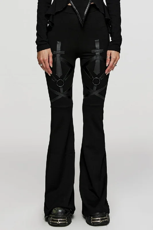 Black Cross Stitching Metal Ring Women's Steampunk Flared Pants Relaxed High-Waist Trousers