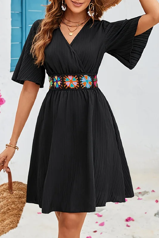 Black Floral Embroidered Belt Flutter Sleeve V Neck A Line Dress Square Neckline Feminine