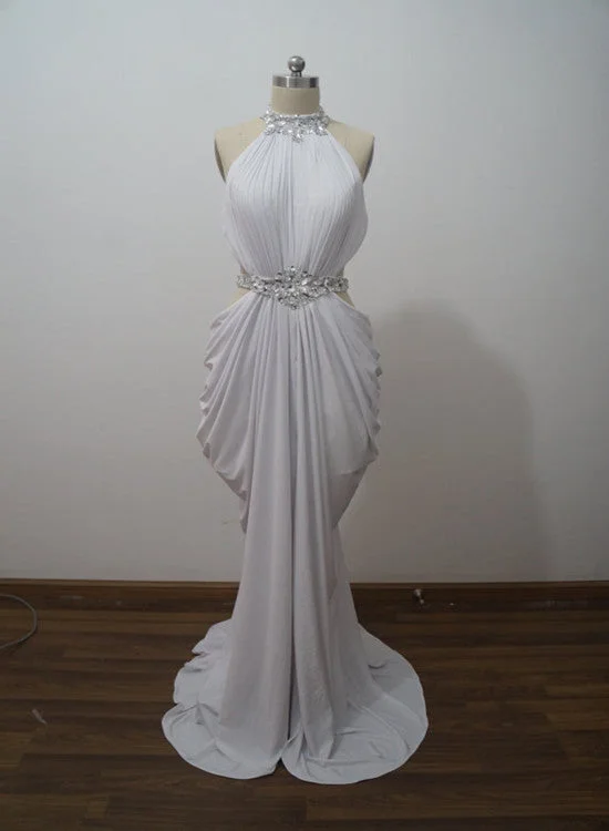 Sexy Halter Spandex with Beaded Long Formal Gown, White Evening Party Dress Tunics Versatile functional