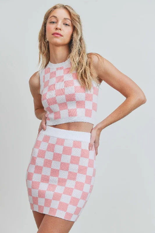 CLEARANCE! Knit Mini Skirt- Pink Check wrap skirt elegant