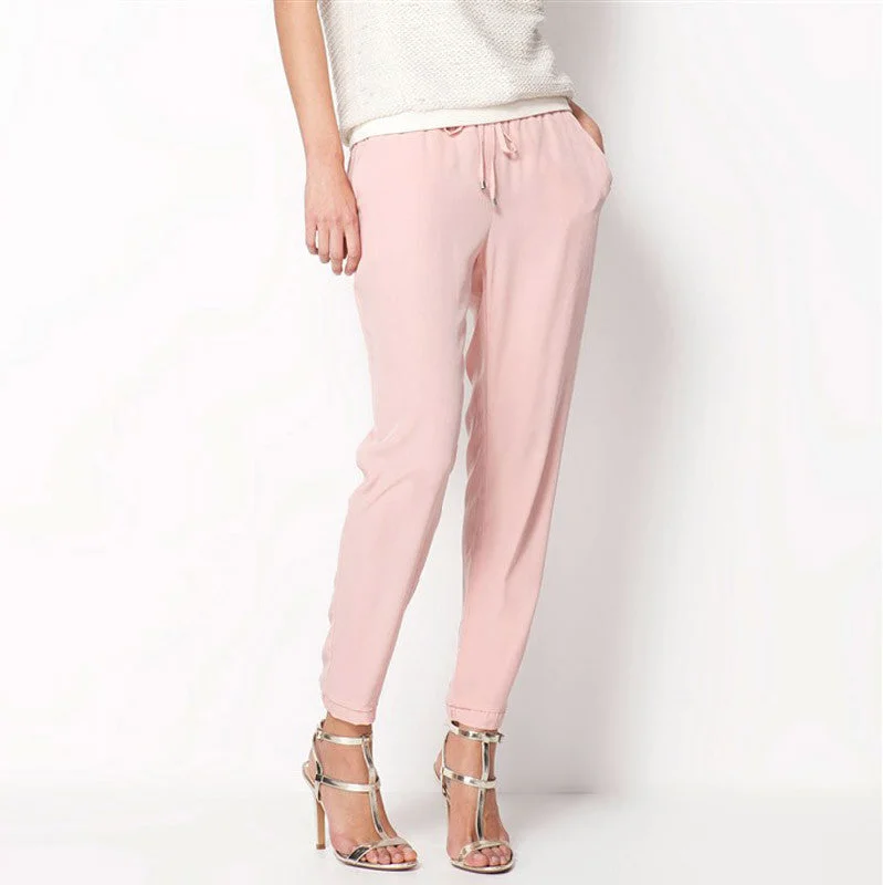 Casual Women Chiffon Pants Elastic Waist Solid Color Office OL Pants Summer Slim Lady Pants AB17 Casual Lounge Pants