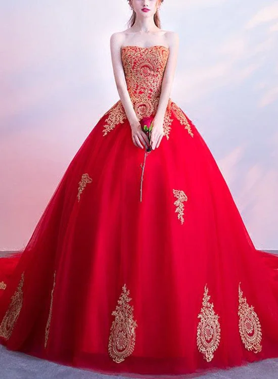 Red Sweetheart Tulle with Gold Lace Applique Prom Gowns, Party Dresses , Formal Gowns Crew Neckline Casual