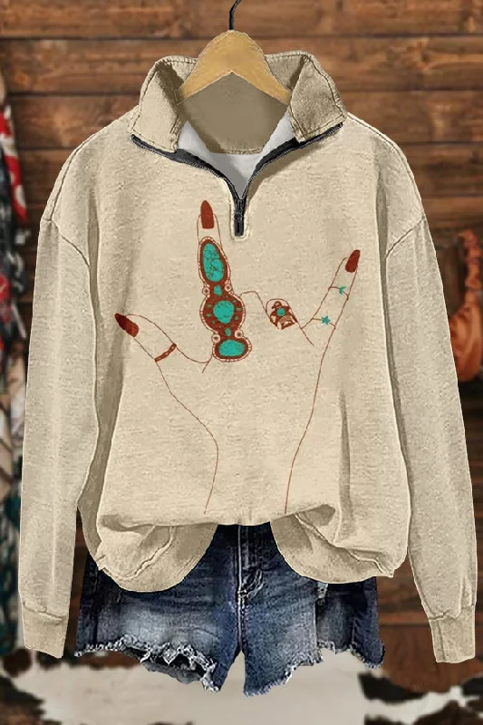 Vintage Western Turquoise Print Sweatshirt Hoodie with Puffed Sleeves Voluminous Trendy