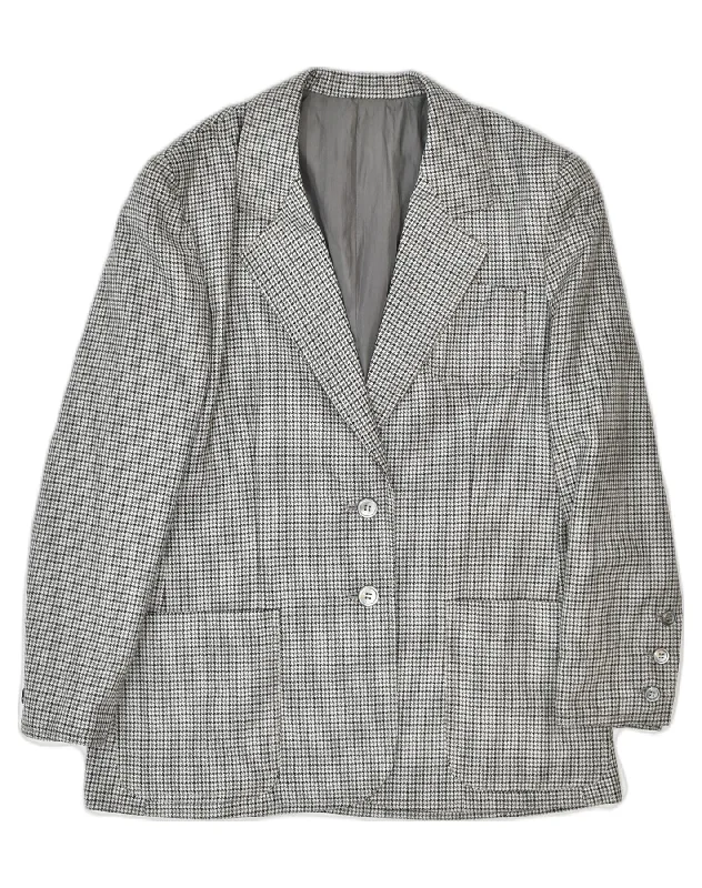 VINTAGE Womens 2 Button Blazer Jacket UK 14 Medium Grey Houndstooth Fleece Jacket Down Jacket Parka
