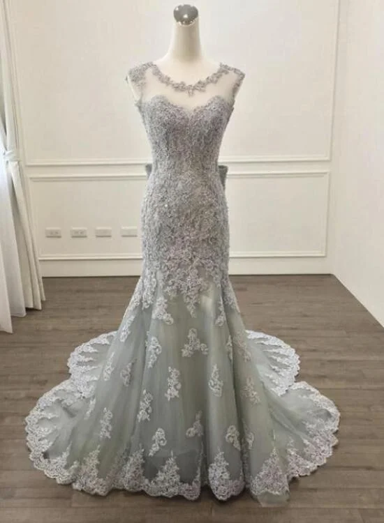 Grey Lace Mermaid Charming Party Gowns, Formal Gowns, Wedding Party Dresses Tunics Plaid country
